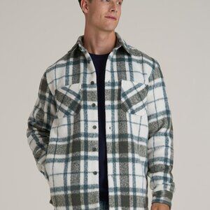 American Tall Brushed Flannel Overshirt for Tall Men in Ecru and Green Plaid Siz
